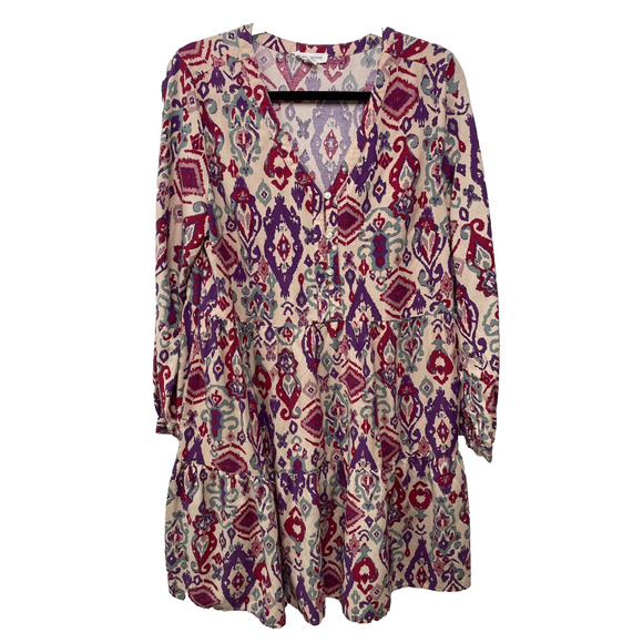 Beach Lunch Lounge Dress Geo Aztec Cottage Tiered Casual Festival Preppy Boho M - Picture 1 of 11